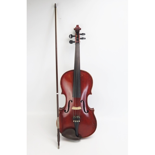 1318A - An early 20th century violin, the two piece back of medium flame, the varnish of a mid brown colour,... 