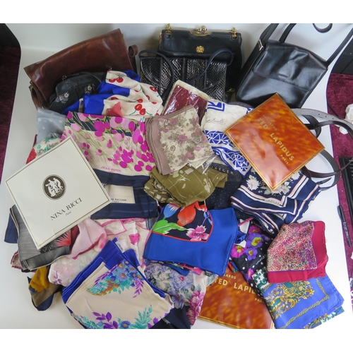 1338 - Jaeger and others, a collection of ladies silk printed scarves, various handbags, belts etc.