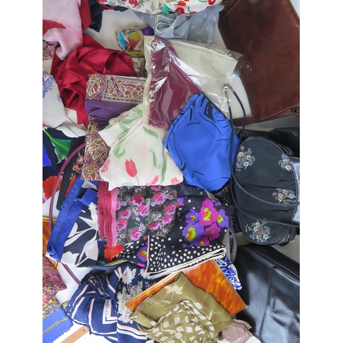 1338 - Jaeger and others, a collection of ladies silk printed scarves, various handbags, belts etc.