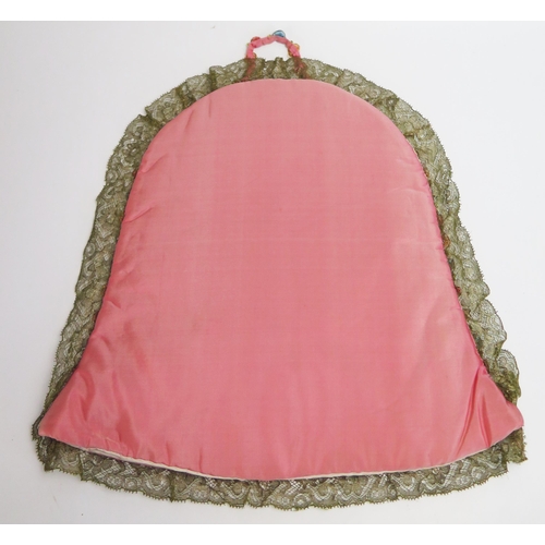 1482 - A Victorian pink silk and embroidered tea cosy, with banded lace and bullion lace decoration, 40cm t... 