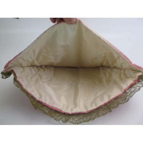 1482 - A Victorian pink silk and embroidered tea cosy, with banded lace and bullion lace decoration, 40cm t... 