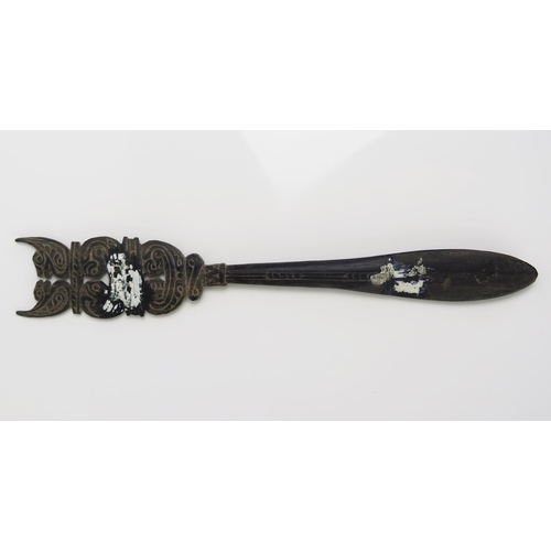 1668 - A Massim lime spatula, Trobriand Islands, Papua New Guinea, the handle surmounted with stylised bird... 