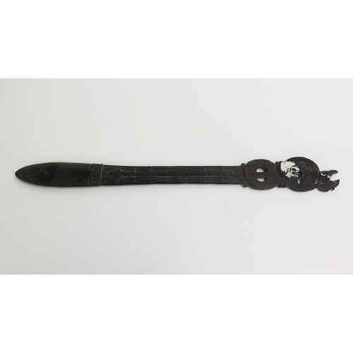 1673 - A Massim lime spatula, Trobriand Islands, Papua New Guinea, the handle surmounted with a bird and pi... 