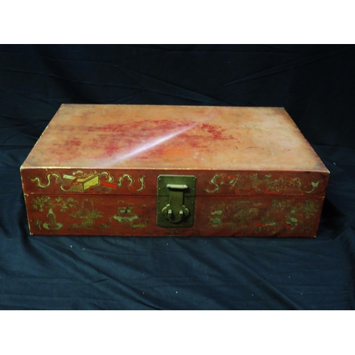 1679 - A Chinese red painted travelling case with gilded decoration and loop handles to the sides, 75cm wid... 