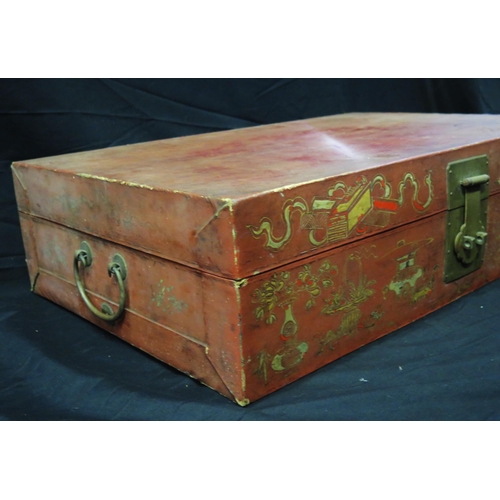 1679 - A Chinese red painted travelling case with gilded decoration and loop handles to the sides, 75cm wid... 