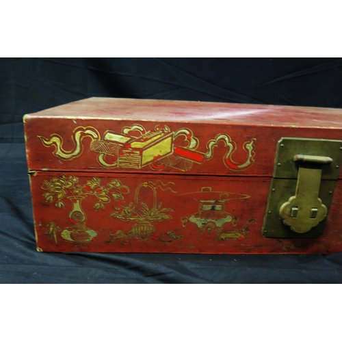 1679 - A Chinese red painted travelling case with gilded decoration and loop handles to the sides, 75cm wid... 