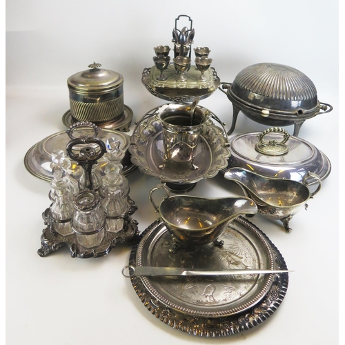 756 - A quantity of assorted plated wares including entree dishes and covers, condiment stand, biscuit bar... 