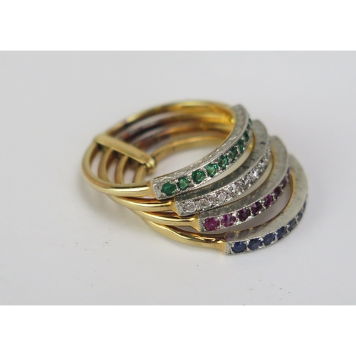 103 - An 18ct Gold, Sapphire, Ruby, Diamond and Emerald Conjoined Four Shank Ring, stamped 18CT, size L.75... 