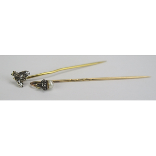 105 - An Antique Rose Cut Diamond and Garnet Fly Stick Pin and another with untested pearl and rise cut st... 