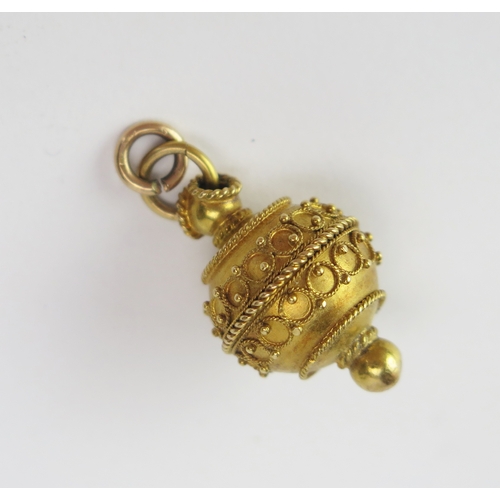 108 - A Victorian Precious Yellow Metal Etruscan Style Pendant, 14.6mm diam., KEE tested as 18ct, 4.27g. U... 