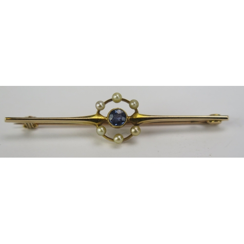 110 - A 15ct Gold, Aqua Marine and untested Pearl Brooch, 48.7mm wide, stamped 15CT, 2.62g