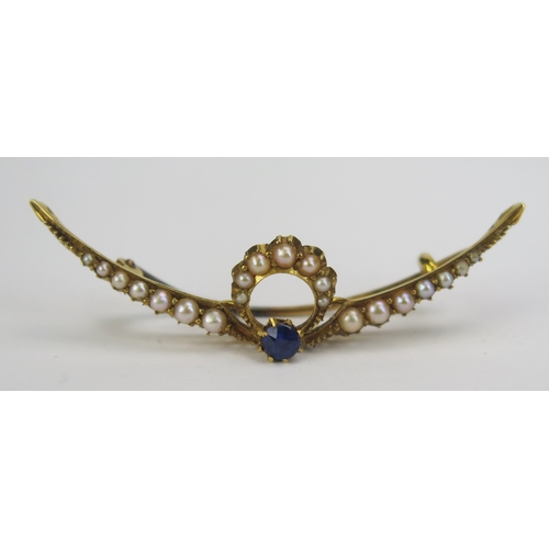 115 - A Victorian Sapphire and untested Pearl Double Crescent Brooch, 45.9mm wide, KEE tested as 18ct, 3.1... 