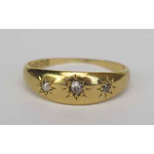 146 - An 18ct Gold and Old Cut Diamond Three Stone Gypsy Ring, size P.5, Birmingham 1900, H&S, 3.39g