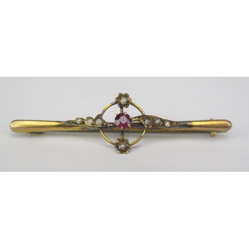 151 - 9ct Gold, Ruby and untested Pearl Bar Brooch, 49mm, 2g, boxed