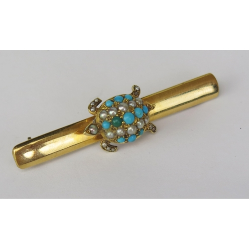 153 - A Victorian 22ct Gold, Turquoise and untested Pearl Turtle Brooch, London 1898, maker GC, 51.5mm, 9.... 