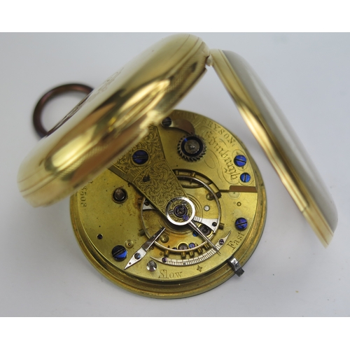 400 - A Victorian 18ct Gold Open Dial Keywound Pocket Watch, 47.4mm case by RR and chain driven fusee verg... 