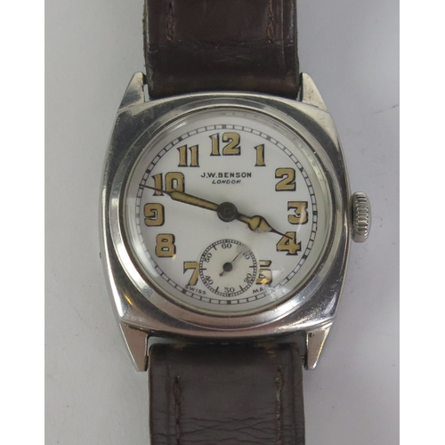 405 - A 1930's J.W. Benson Steel Cased Wristwatch, 29mm case with enamel dial. Winds and runs