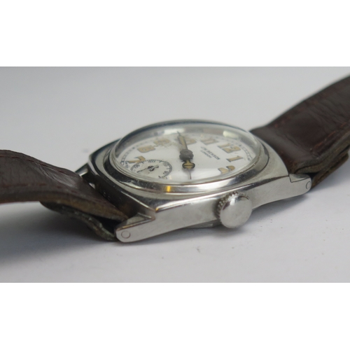 405 - A 1930's J.W. Benson Steel Cased Wristwatch, 29mm case with enamel dial. Winds and runs