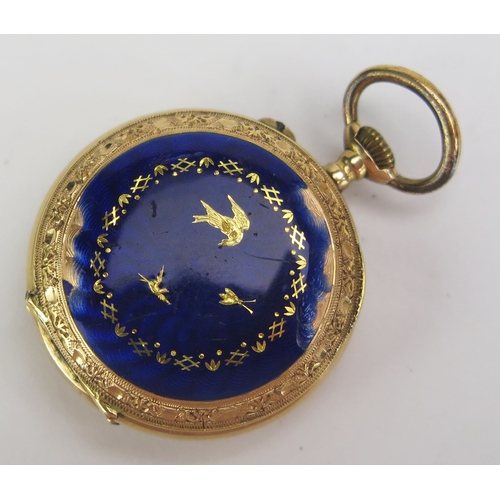 415 - A Ladies 18ct Gold and Enamel Ladies Fob Watch, 25.85mm diam., 14.2g gross