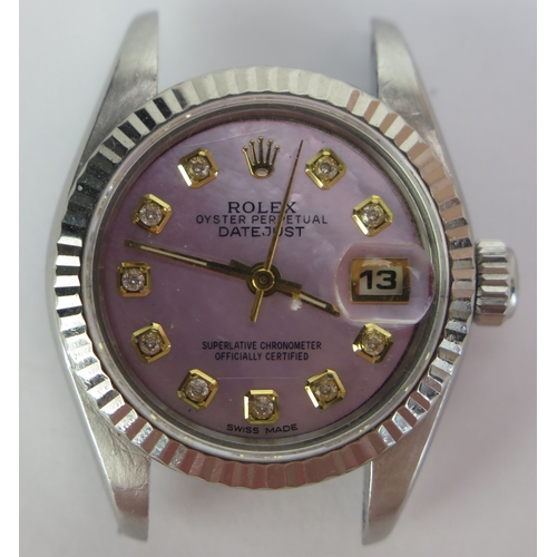 425 - A Ladies Rolex Datejust Steel Cased Wristwatch with mother of pearl and diamond dial, ref:69174, 26m... 