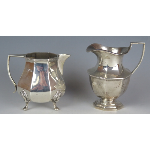 522 - A George V silver cream jug, maker R F Mosley & Co, Sheffield, 1926, of octagonal baluster form, rai... 