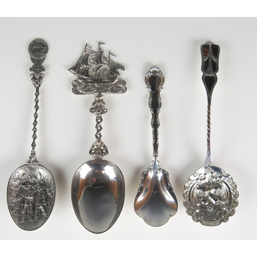 537 - Four assorted Dutch and continental silver spoons, with ship decoration, total weight of silver 202g... 