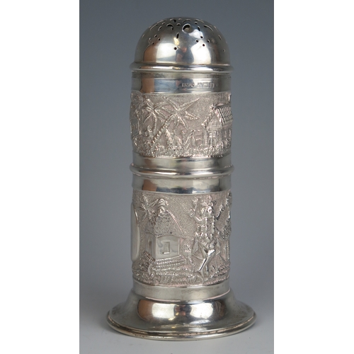 557 - A George V silver sugar caster maker Henry Williamson Ltd, Birmingham, 1911, with Burmese village de... 