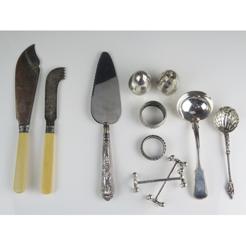 584 - A mixed collection of silver and plated wares includes Fiddle and Thread sauce ladle, sifting spoon,... 