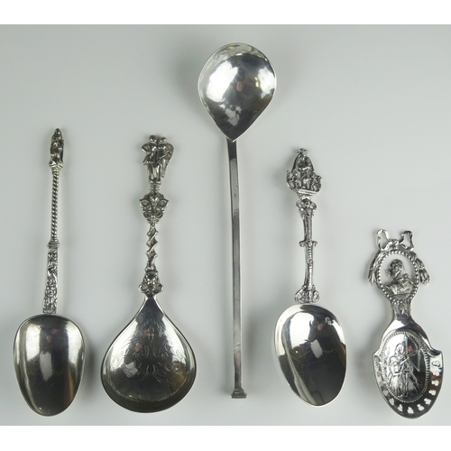 586 - Five assorted continental silver spoons, various sizes, total weight of silver 256gms, 8.26ozs.