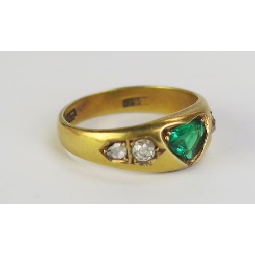 61 - A Victorian 18ct Gold, Emerald and Old Cut Diamond Ring, c. 6.55x4.85mm principal heart shaped stone... 