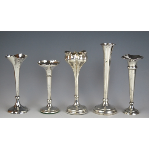 610 - A collection of five assorted silver specimen vases, various makers, dates and sizes, all with weigh... 