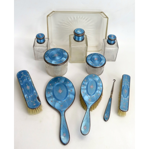 629 - A Swiss silver and enamel dressing table set by Wegelin Fils, Genève, stamped marks, the powder blue... 