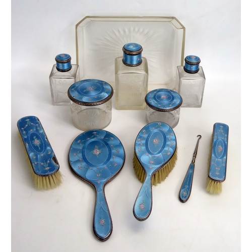 629 - A Swiss silver and enamel dressing table set by Wegelin Fils, Genève, stamped marks, the powder blue... 