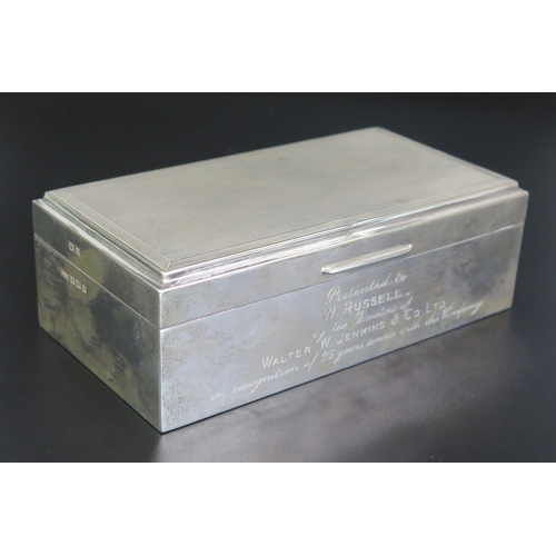 636 - An Elizabeth II silver cigarette box, maker S J Rose & Son, Birmingham, 1960, inscribed, of rectangu... 