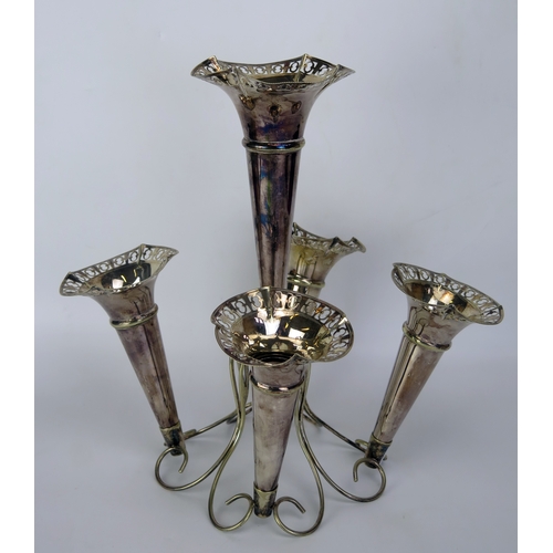 641 - A silver plated table epergne, with central trumpet-shaped vase, on a wire cage with four smaller tr... 