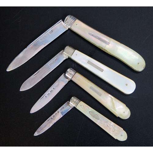 647 - Four assorted silver and mother-of-pearl handled folding fruit knives, various makers and dates.