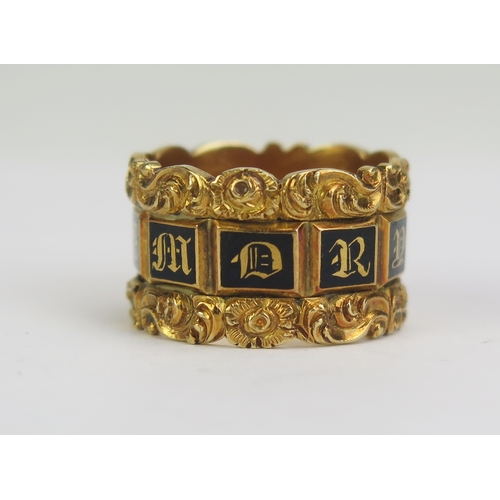 65 - A William IV Gent's 18ct Gold and Enamel Memorial Ring with ten black panels spelling 