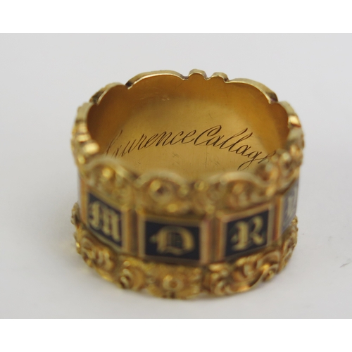 65 - A William IV Gent's 18ct Gold and Enamel Memorial Ring with ten black panels spelling 