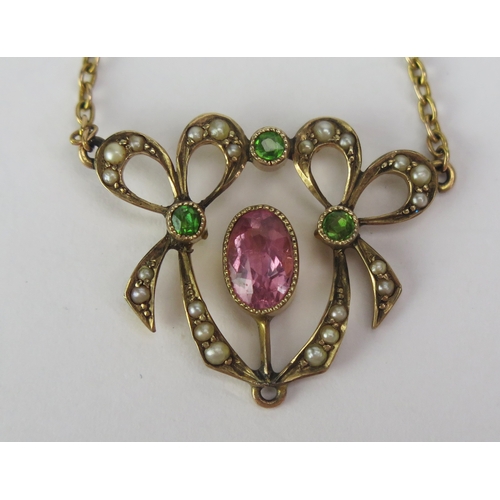 66 - An antique 'Suffragette' Style Necklace, 24.9mm wide bow drop on a 15.5