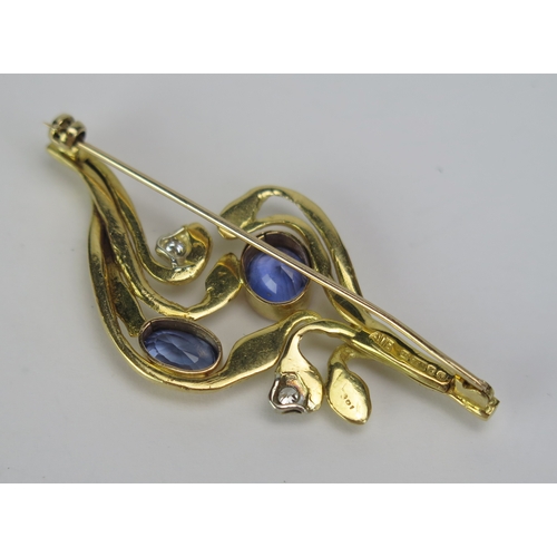 67 - A Modern 18ct Gold, Diamond and Blue Stone Foliate Brooch, 55.1mm wide, London 1984, maker AMB, 9.81... 