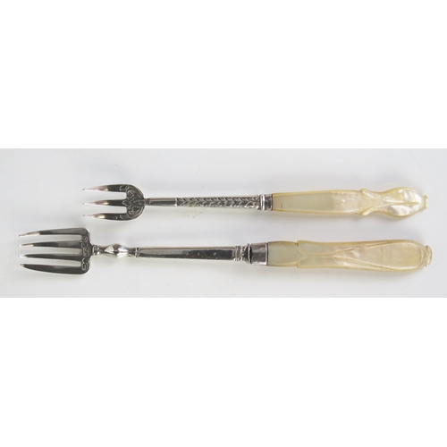 683 - Two Mother-of-pearl handled olive forks, various makers and dates,