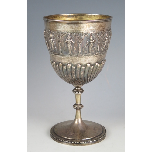 707 - An Indian silver goblet, the bowl with banded decoration of various deities, writhen reeds on a knop... 