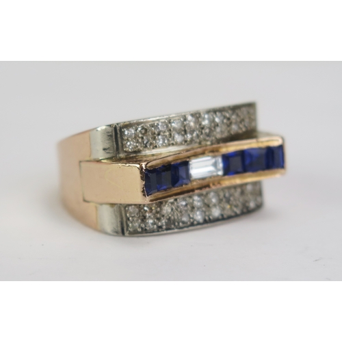 72 - A Deco Sapphire and Diamond Cocktail Ring in a precious yellow metal millegrain setting, c. 5x2.7mm ... 