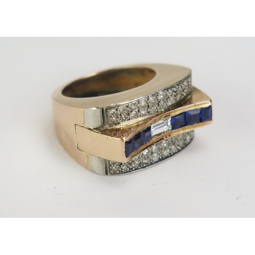 72 - A Deco Sapphire and Diamond Cocktail Ring in a precious yellow metal millegrain setting, c. 5x2.7mm ... 