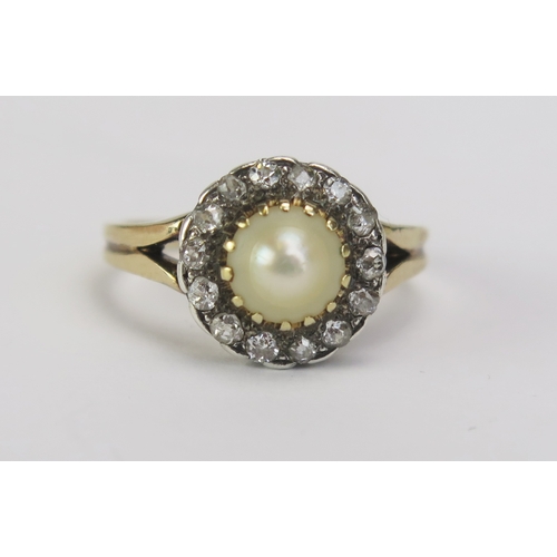 79 - An Antique Untested Pearl and Old Cut Diamond Halo Ring in a precious yellow and white metal split s... 