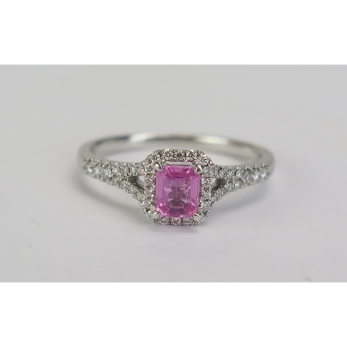 83 - A Modern 18K White Gold, Pink Sapphire and Diamond, .21CT, 5.2x4.1mm principal stone, size O.5, 3.28... 