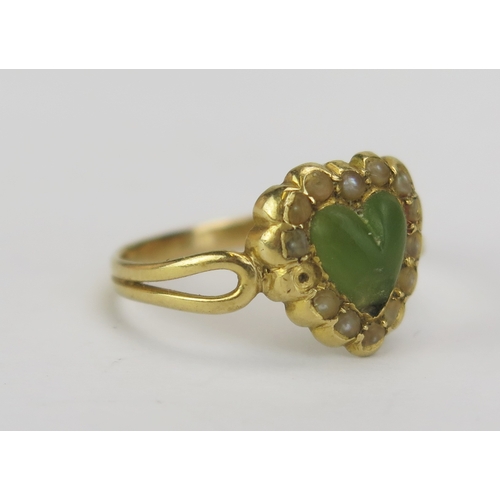 88 - An Antique 18ct Gold Heart Shaped untested Pearl and Green Stone Ring, stamped 18ct, size J.5, 2.3g.... 