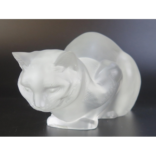 1001 - A Lalique frosted glass model of a crouching cat, engraved Lalique, France to the base, 23cm long.