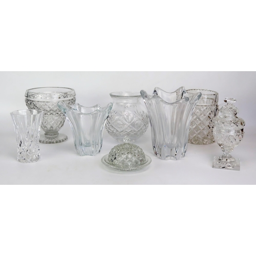 1018 - Two Daum glass vases of flared form, together with clear glass cordial jug, vases, bowls and covers.