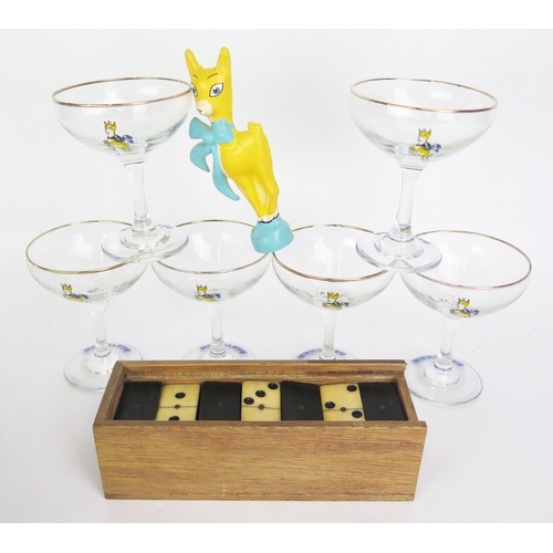 1022 - A Set of Six Babycham Glasses and a boxed set of ebony and bone dominoes